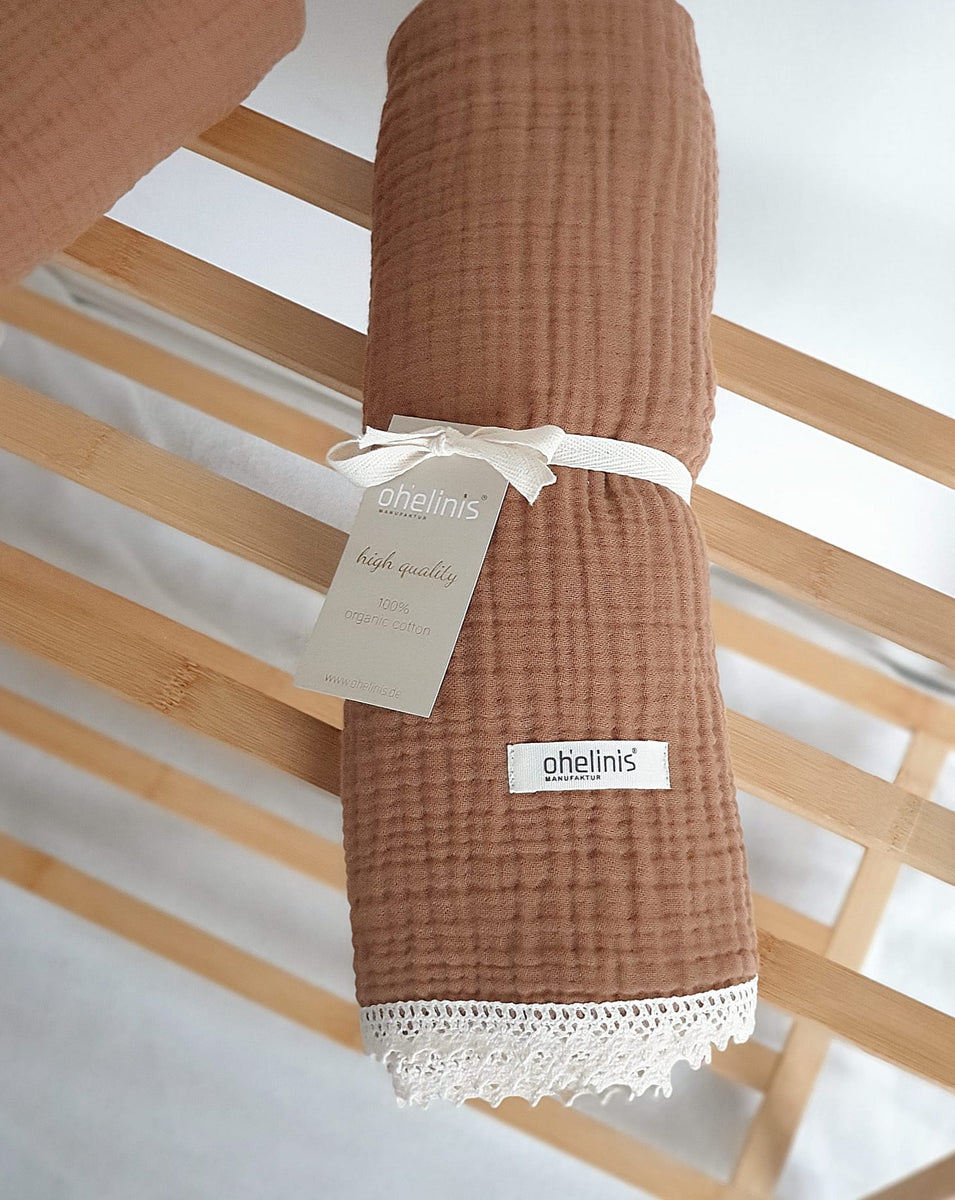 XL Premium Musselin Decke mit feiner Spitze "VINTAGE LINI" ohelinis