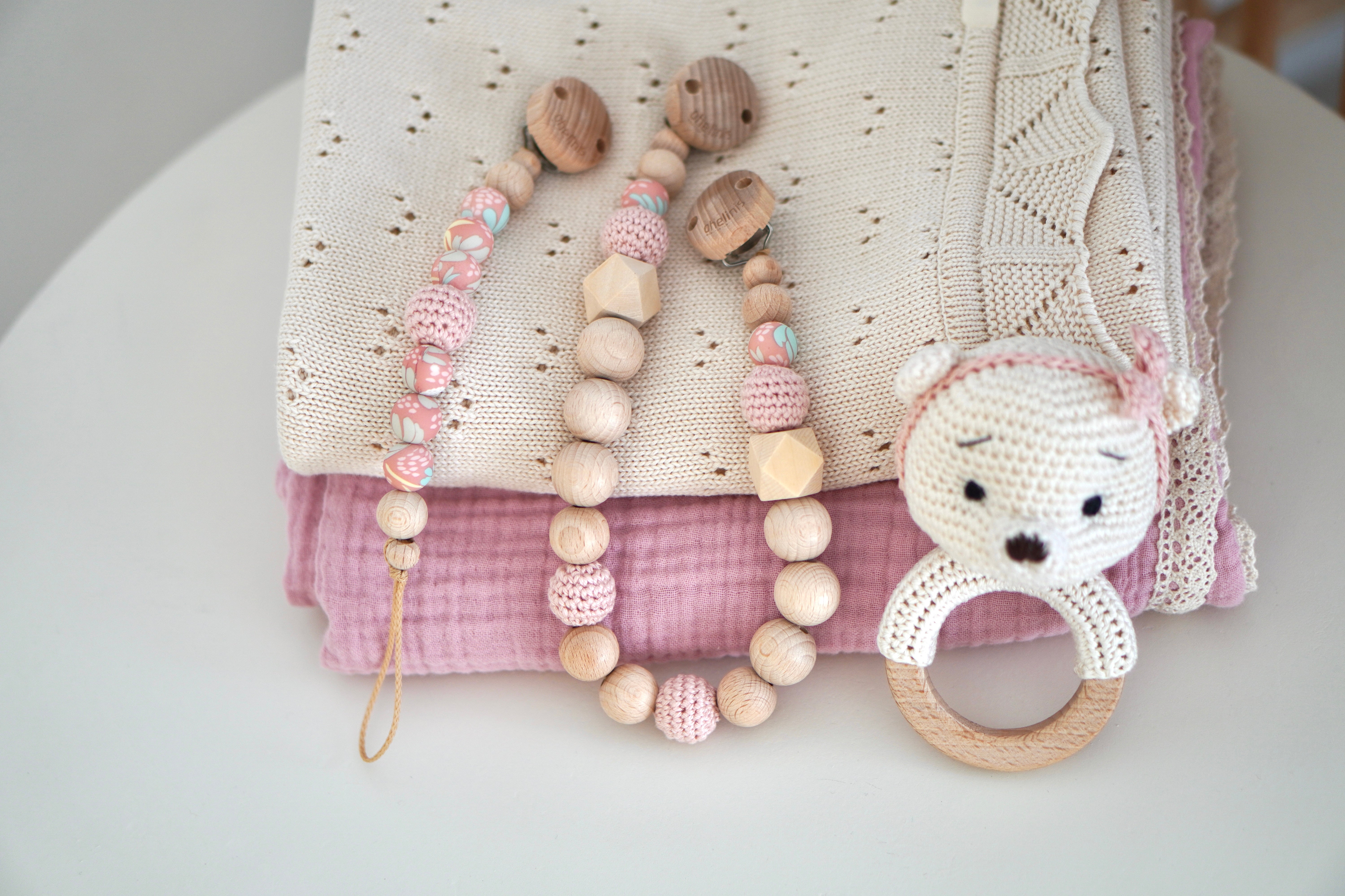 Schnullerkette & Kinderwagenkette mit Holz und Silikon "BLOOM Rosè"