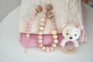 Schnullerkette & Kinderwagenkette mit Holz und Silikon "BLOOM Rosè"