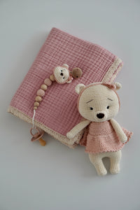 Musselin Babydecke mit Spitze - 100% Baumwolle 4-lagig, 90x100cm, rosa