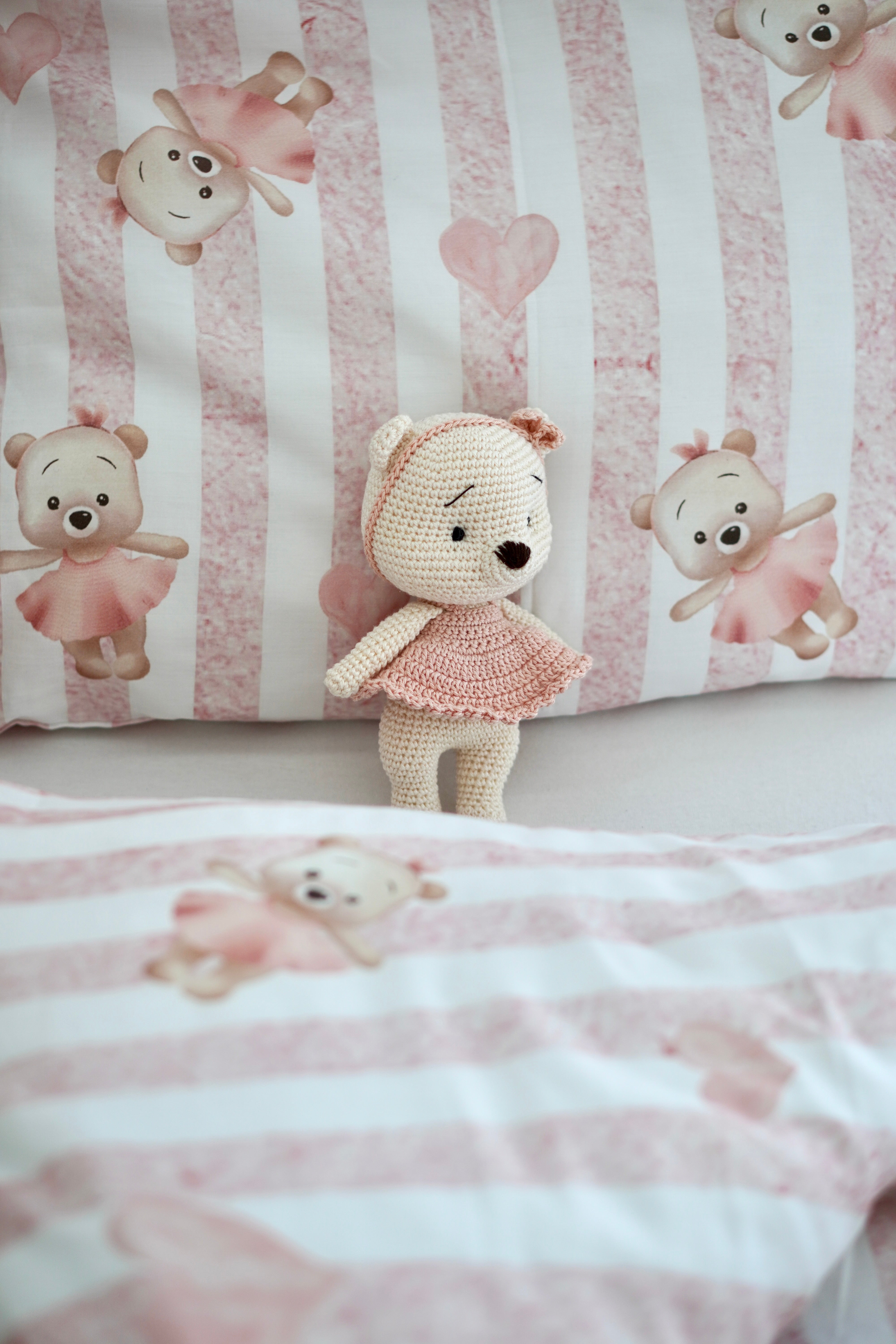 ohelinis satin cotton bedding set with bear motifs "Cotton Candy"
