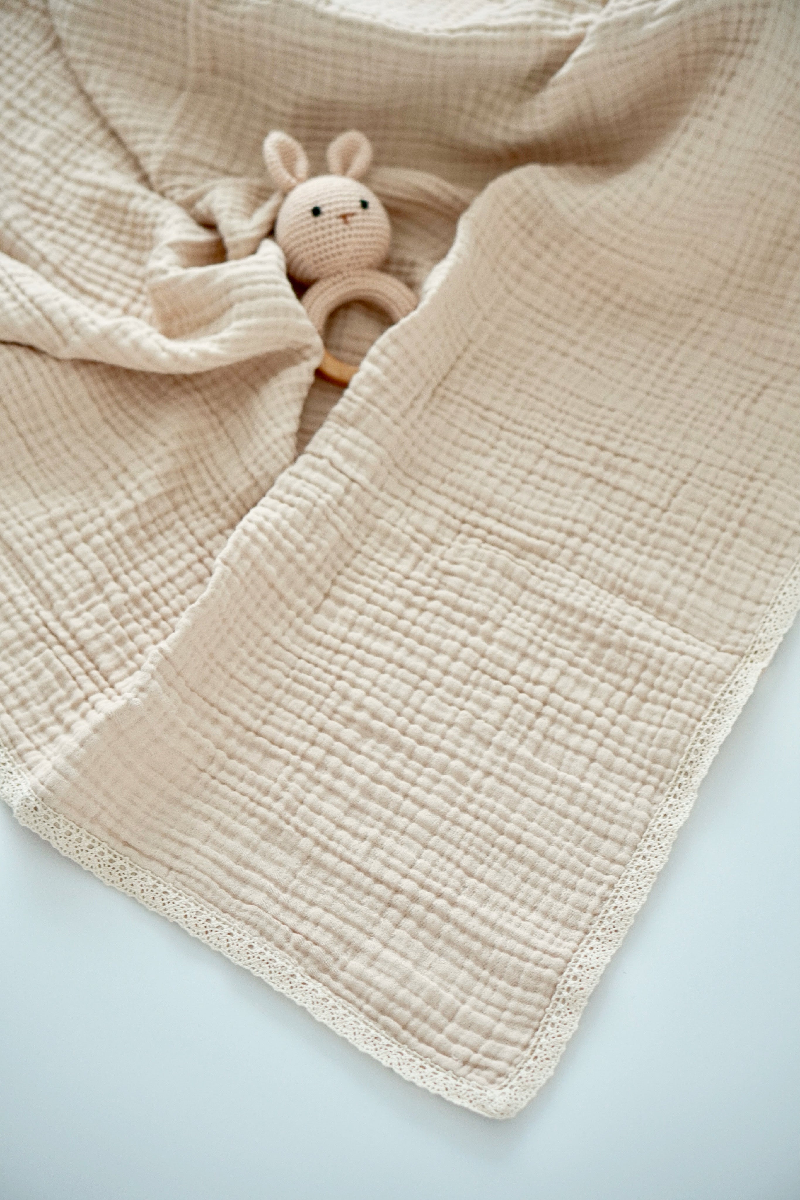 Muslin Baby Blanket with Lace - 100% Cotton 4-Layer, 90x100cm