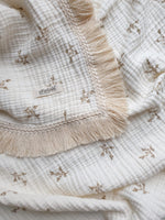 Load image into Gallery viewer, XL Premium Muslin Blanket with Fringes &quot;VINTAGE FLOWER&quot;
