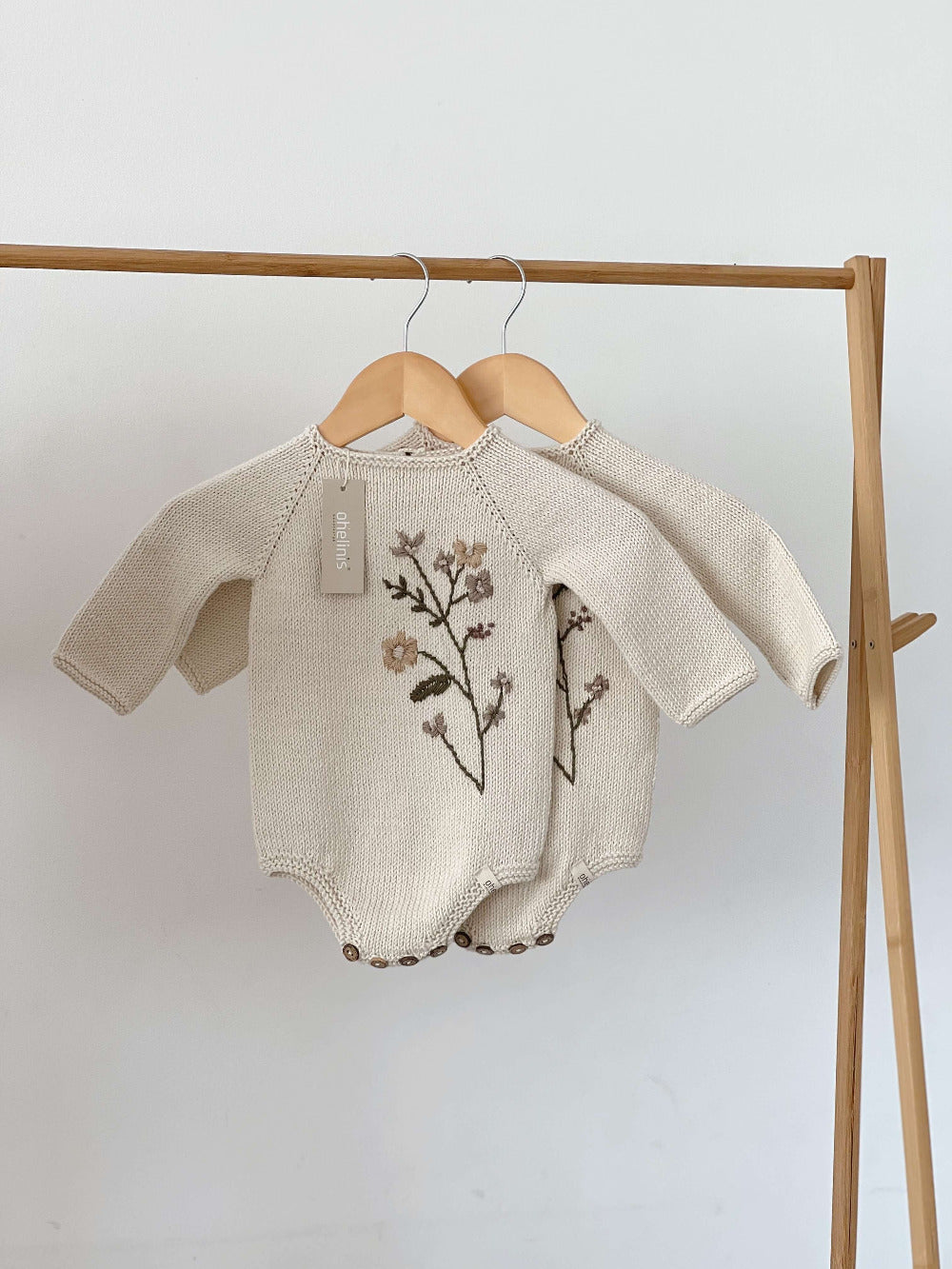 Premium long-sleeved knitted romper suit with embroidery "VINTAGE FLOWER"