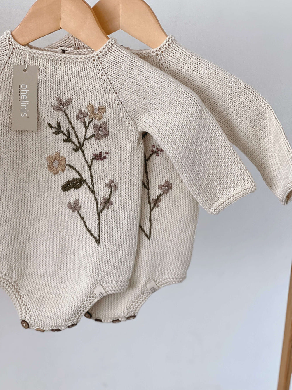 Premium long-sleeved knitted romper suit with embroidery "VINTAGE FLOWER"